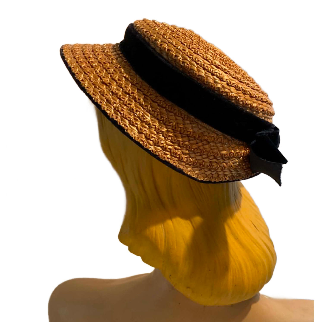 Braided Weave Straw Bonnet Inspired Hat with Black Velvet circa 1940s
