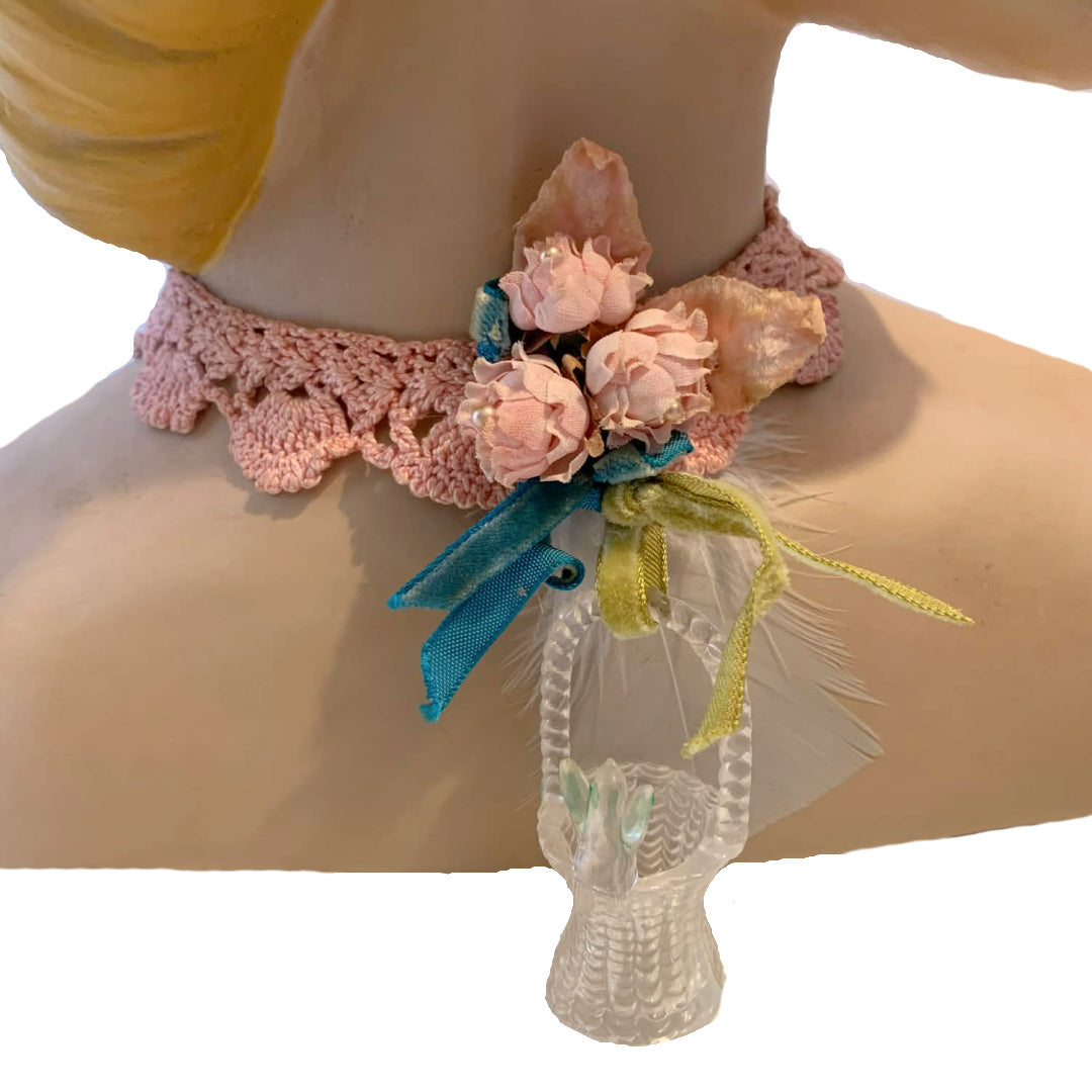 Faith is a Bluebird Reimagined Antique Crocheted Choker Necklace with Flowers and Bluebird on Basket