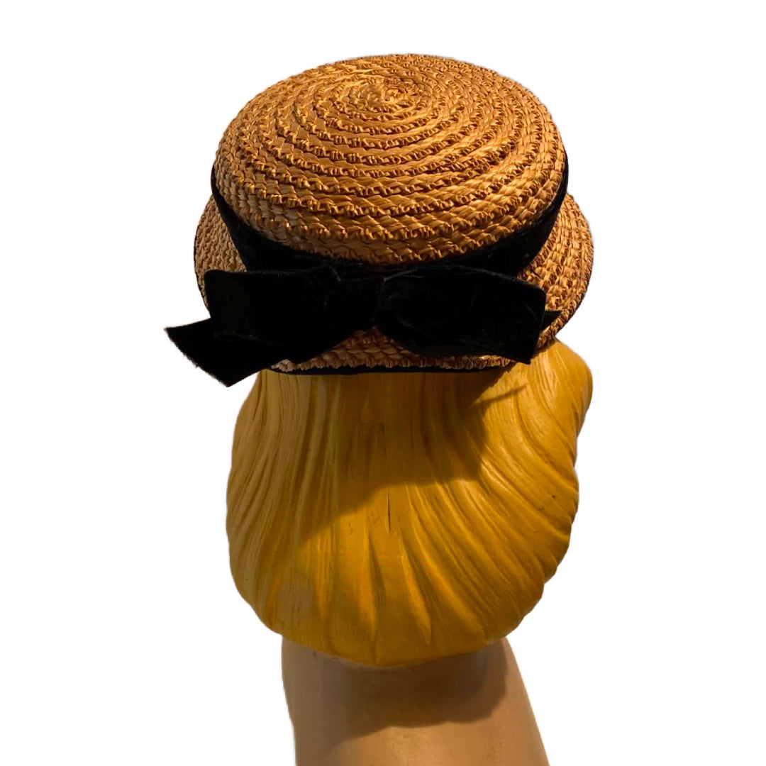 Braided Weave Straw Bonnet Inspired Hat with Black Velvet circa 1940s