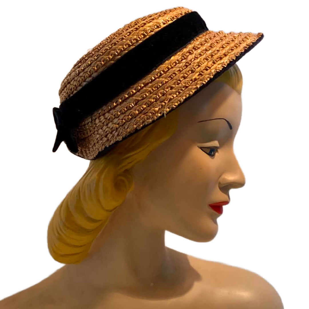 Braided Weave Straw Bonnet Inspired Hat with Black Velvet circa 1940s