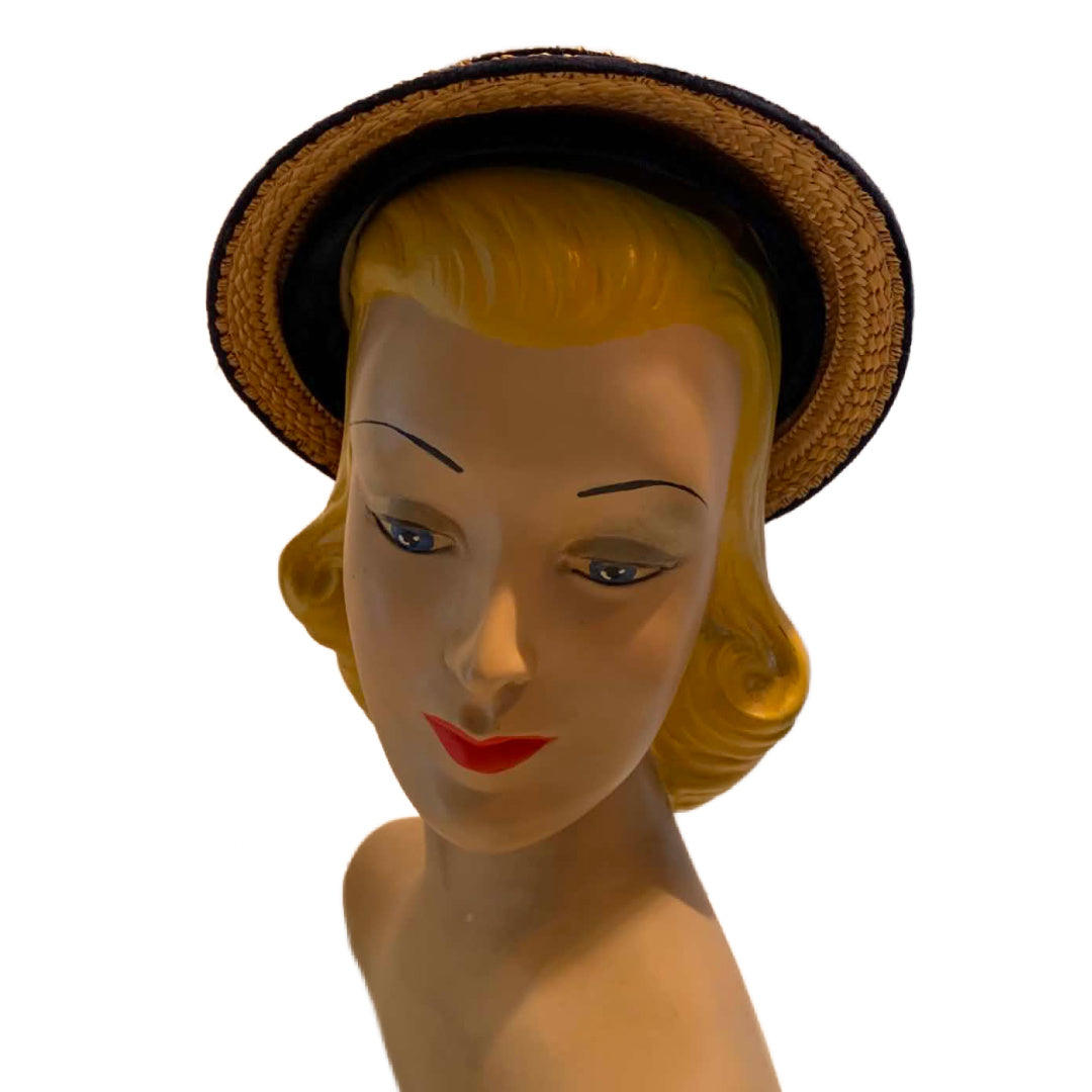 Braided Weave Straw Bonnet Inspired Hat with Black Velvet circa 1940s