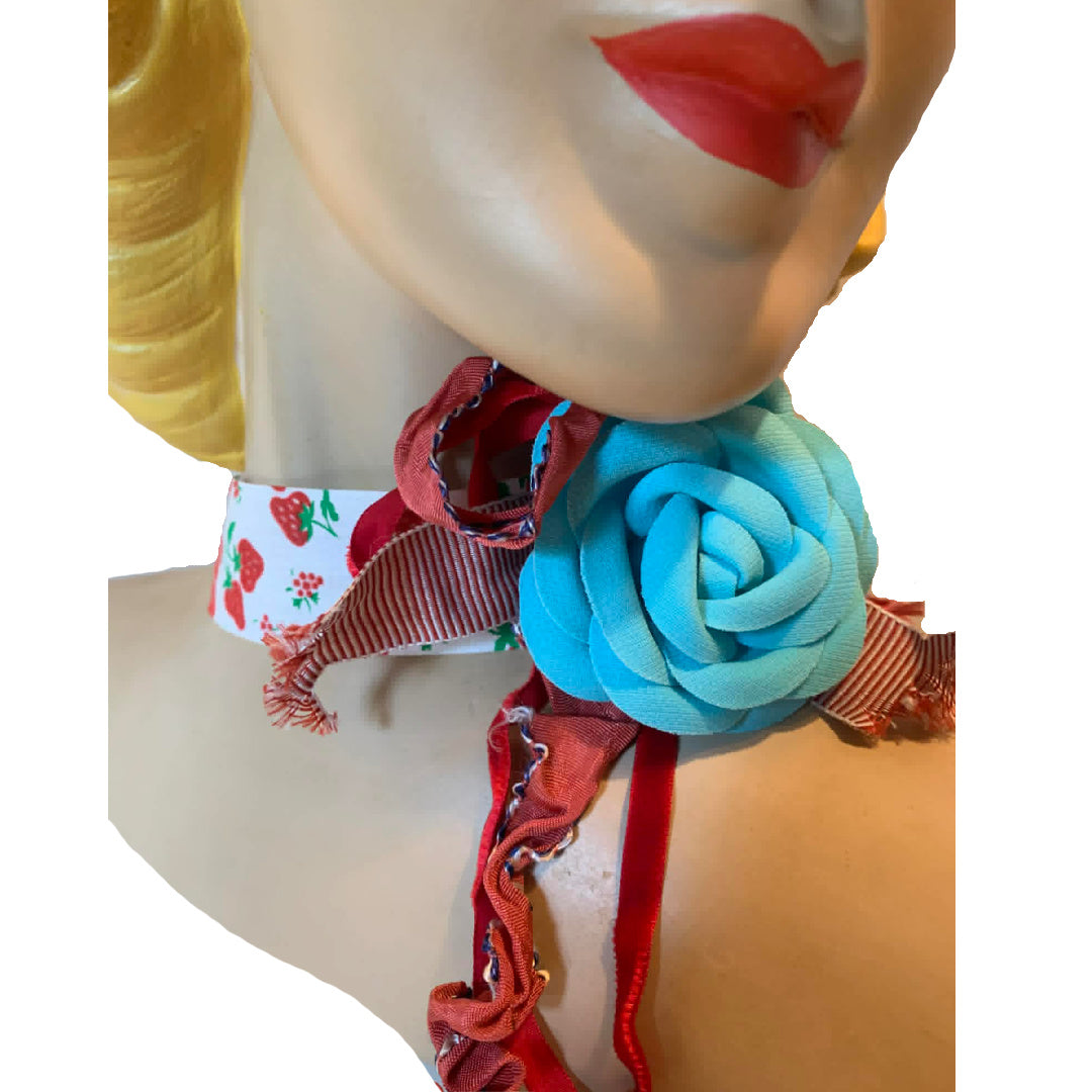 Farmer's Daughter Reimagined Vintage Strawberry Ribbon Choker Necklace w/ Blue Flower Lots of Ribbon Trim