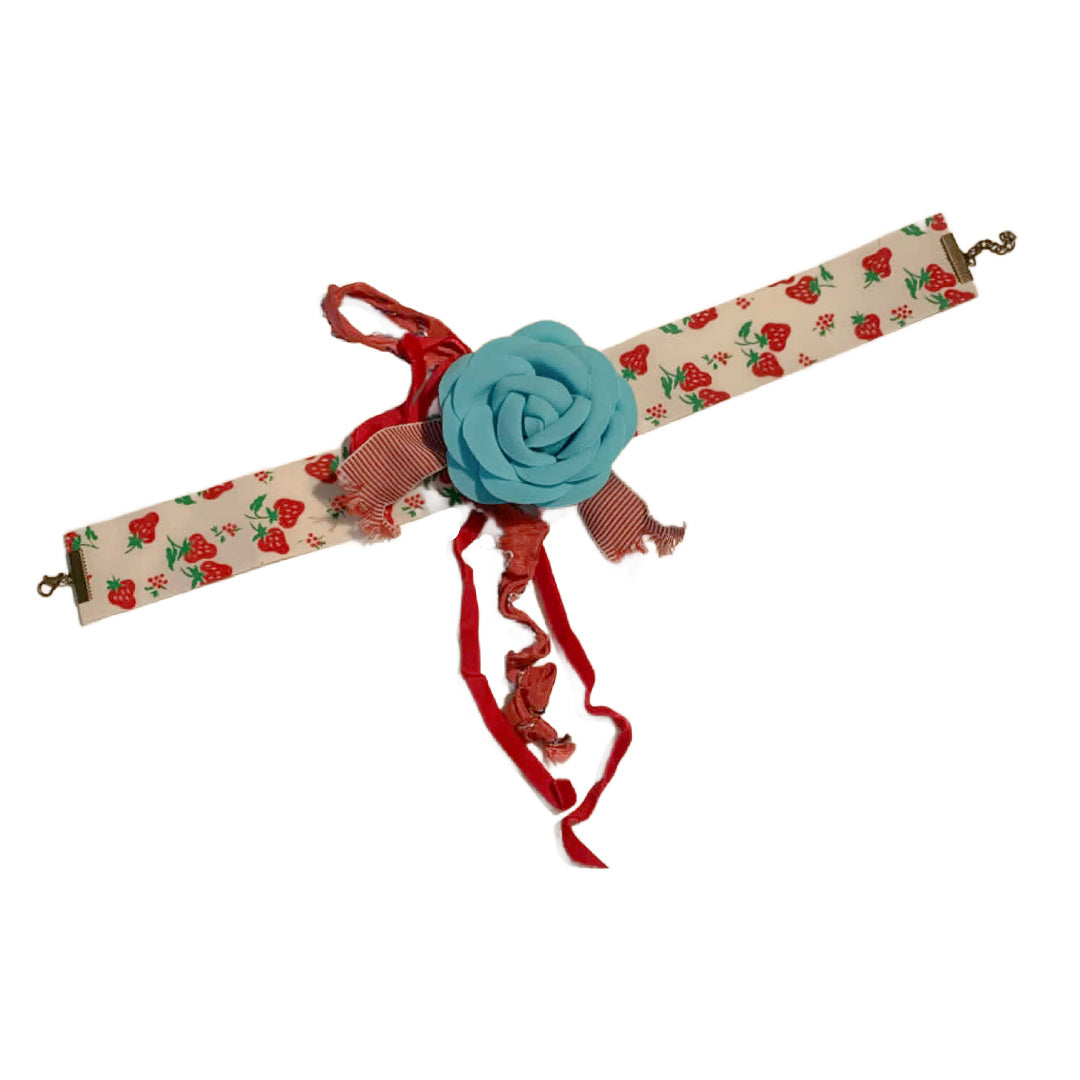 Farmer's Daughter Reimagined Vintage Strawberry Ribbon Choker Necklace w/ Blue Flower Lots of Ribbon Trim