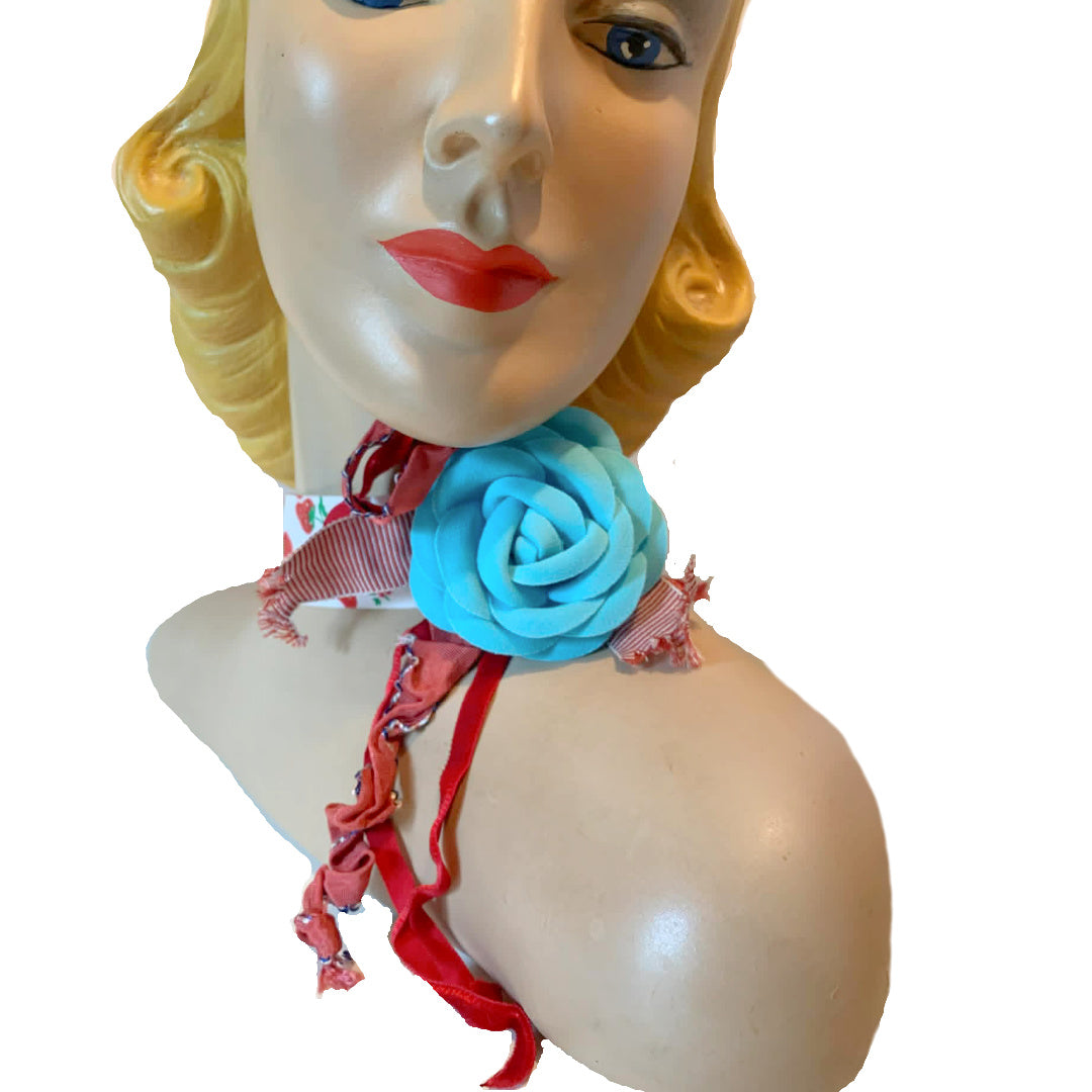 Farmer's Daughter Reimagined Vintage Strawberry Ribbon Choker Necklace w/ Blue Flower Lots of Ribbon Trim