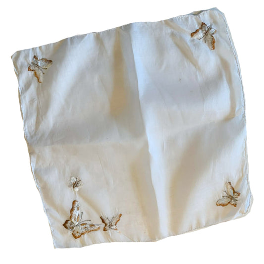 White Cotton Handkerchief with Brown Embroidered Butterflies circa 1960s