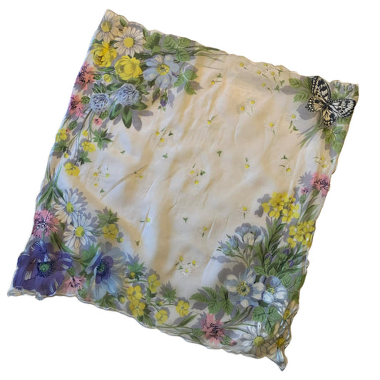 Butterly and Flower Print Handkerchief circa 1960s
