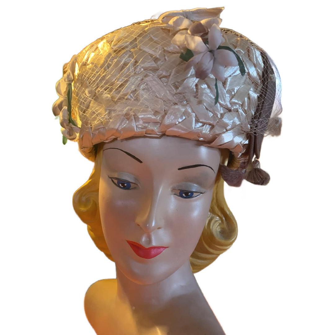 Cream Braided Cello Pill Box Hat with Silk Blossoms circa 1960s