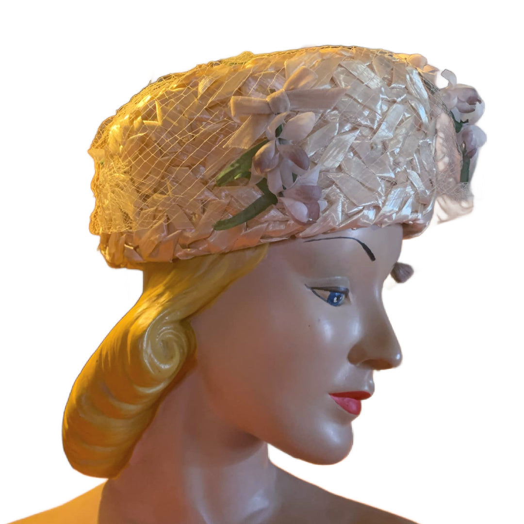 Cream Braided Cello Pill Box Hat with Silk Blossoms circa 1960s