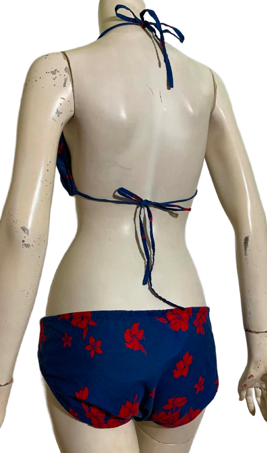 Bold Blue and Red Tropical Flower Print Low Rise Bikini with Sarong Wrap circa 1970s