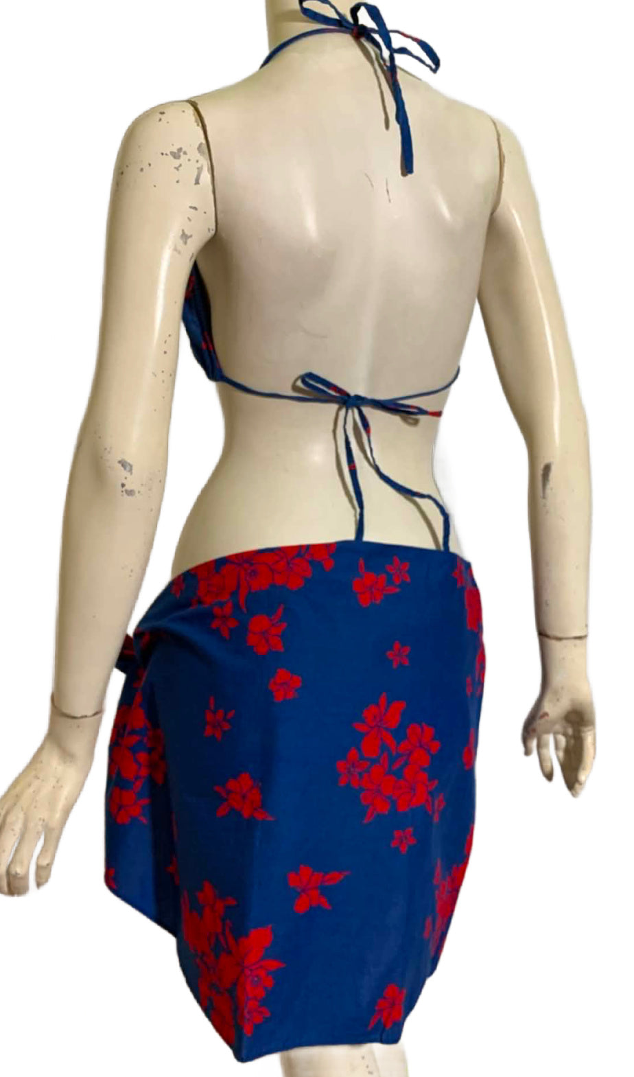 Bold Blue and Red Tropical Flower Print Low Rise Bikini with Sarong Wrap circa 1970s
