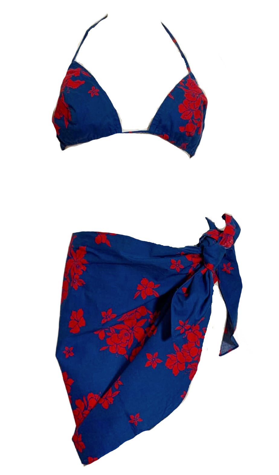Bold Blue and Red Tropical Flower Print Low Rise Bikini with Sarong Wrap circa 1970s