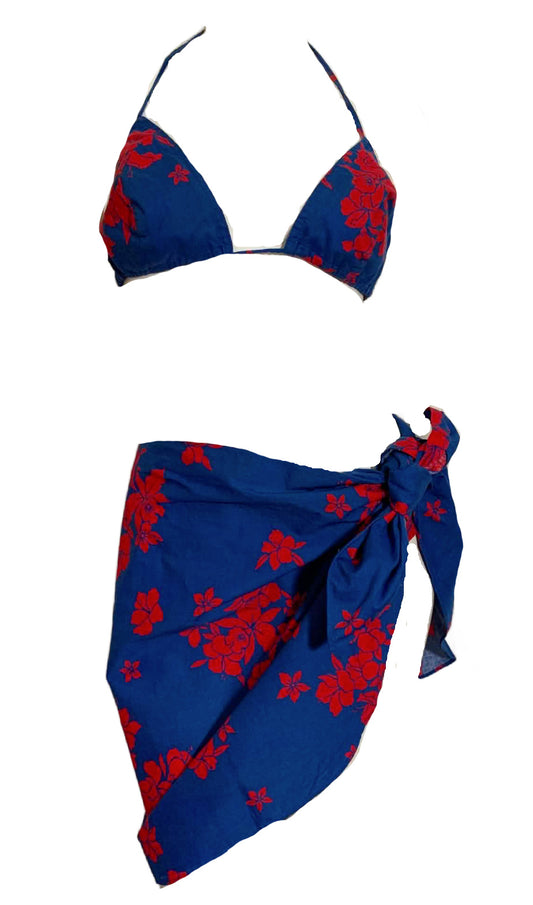 Bold Blue and Red Tropical Flower Print Low Rise Bikini with Sarong Wrap circa 1970s