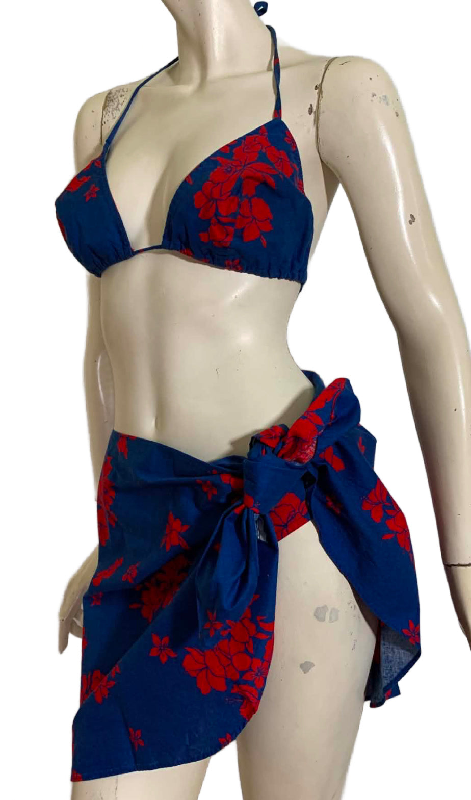 Bold Blue and Red Tropical Flower Print Low Rise Bikini with Sarong Wrap circa 1970s