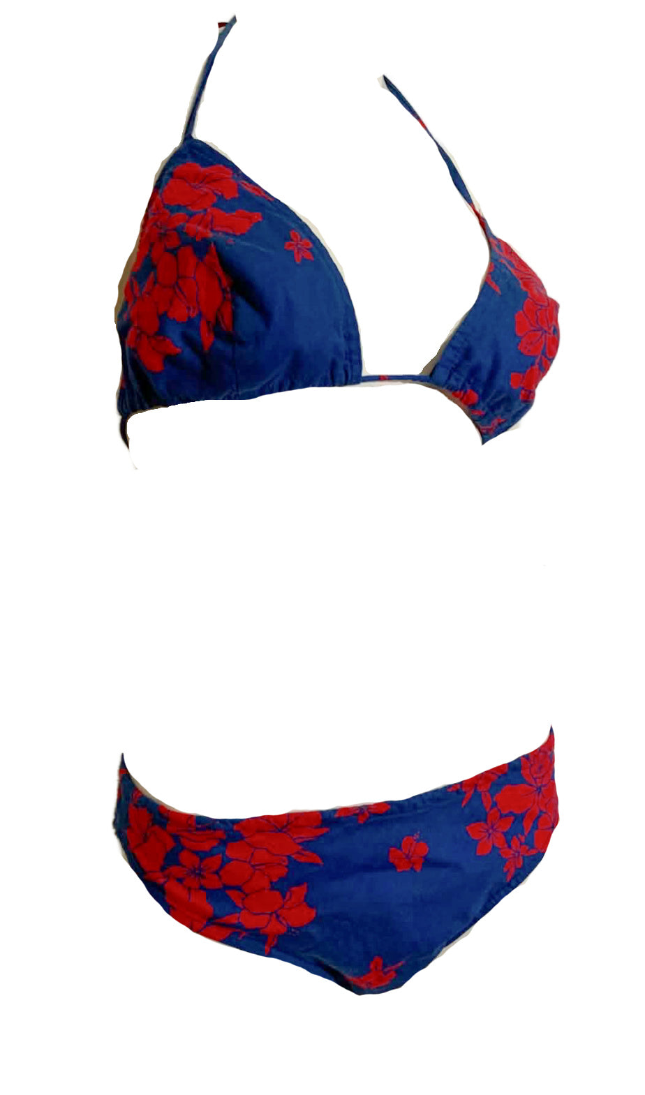 Bold Blue and Red Tropical Flower Print Low Rise Bikini with Sarong Wrap circa 1970s