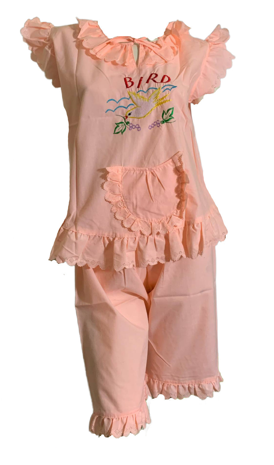 Souvenir Style Bird Embroidered Peach Cotton 1930s Style Pajama Set circa 1980s