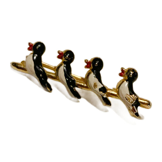 Delightful Enameled Black and White Birds Bar Pin circa 1930s