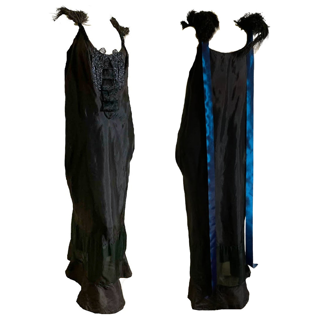 Lady Windermere Reimagined 1920s Black Silk Dress with Victorian Glass Beading Ostrich Feathers and Blue Ribbon L