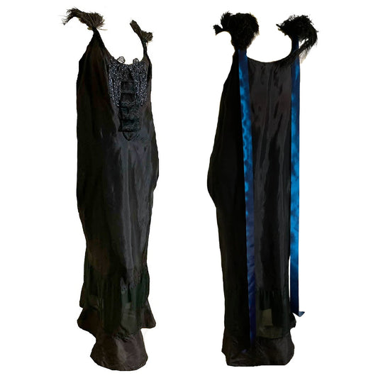Lady Windermere Reimagined 1920s Black Silk Dress with Victorian Glass Beading Ostrich Feathers and Blue Ribbon L