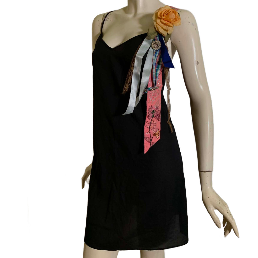 Pageant Girl Black Reimagined Slip Dress with Vintage Millinery, Lace and Ribbons