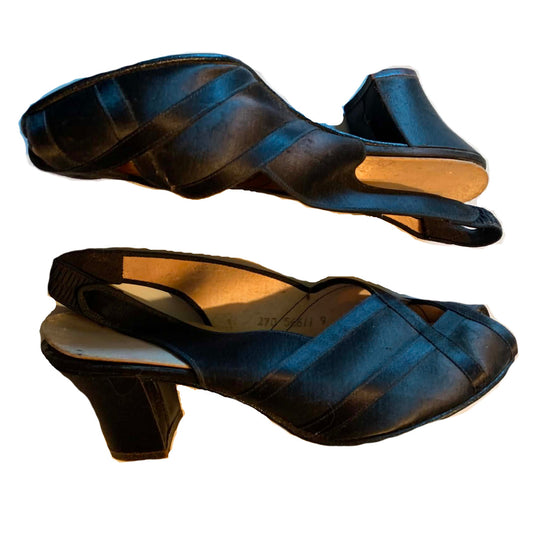 Black Silk Peep Toe Slingback Boudoir Slippers circa 1940s
