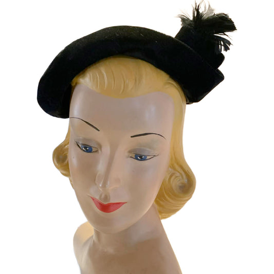 Black Velvet Cocktail Hat with Feathered Accent circa 1950s