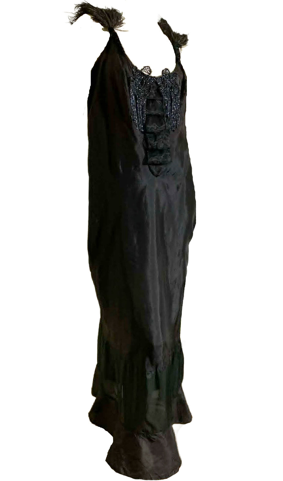 Lady Windermere Reimagined 1920s Black Silk Dress with Victorian Glass Beading Ostrich Feathers and Blue Ribbon L