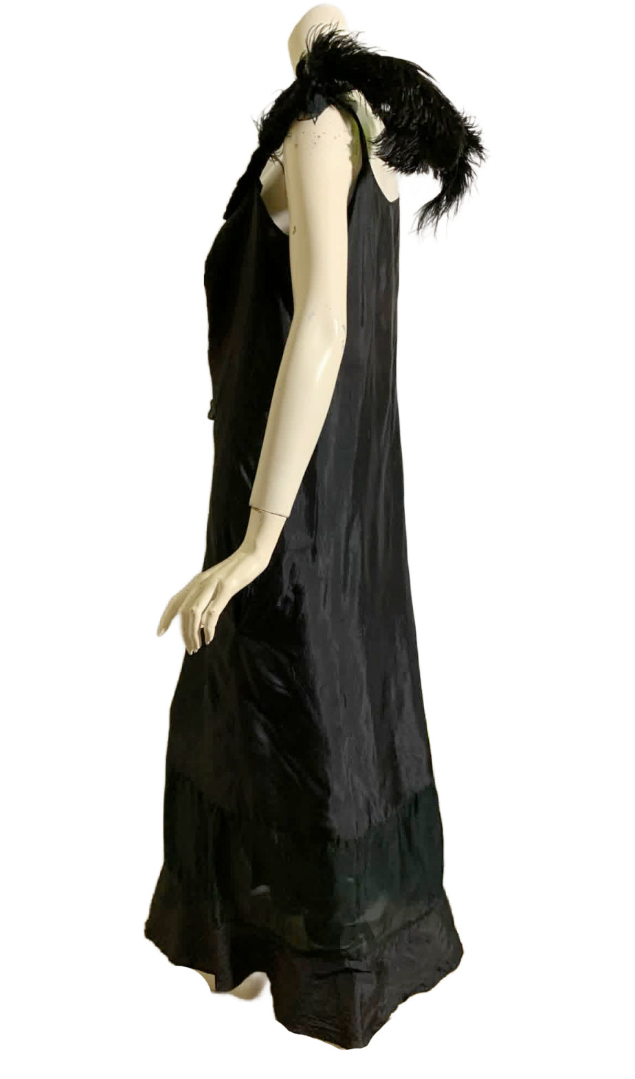 Lady Windermere Reimagined 1920s Black Silk Dress with Victorian Glass Beading Ostrich Feathers and Blue Ribbon L