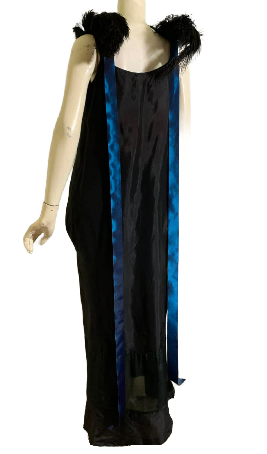 Lady Windermere Reimagined 1920s Black Silk Dress with Victorian Glass Beading Ostrich Feathers and Blue Ribbon L