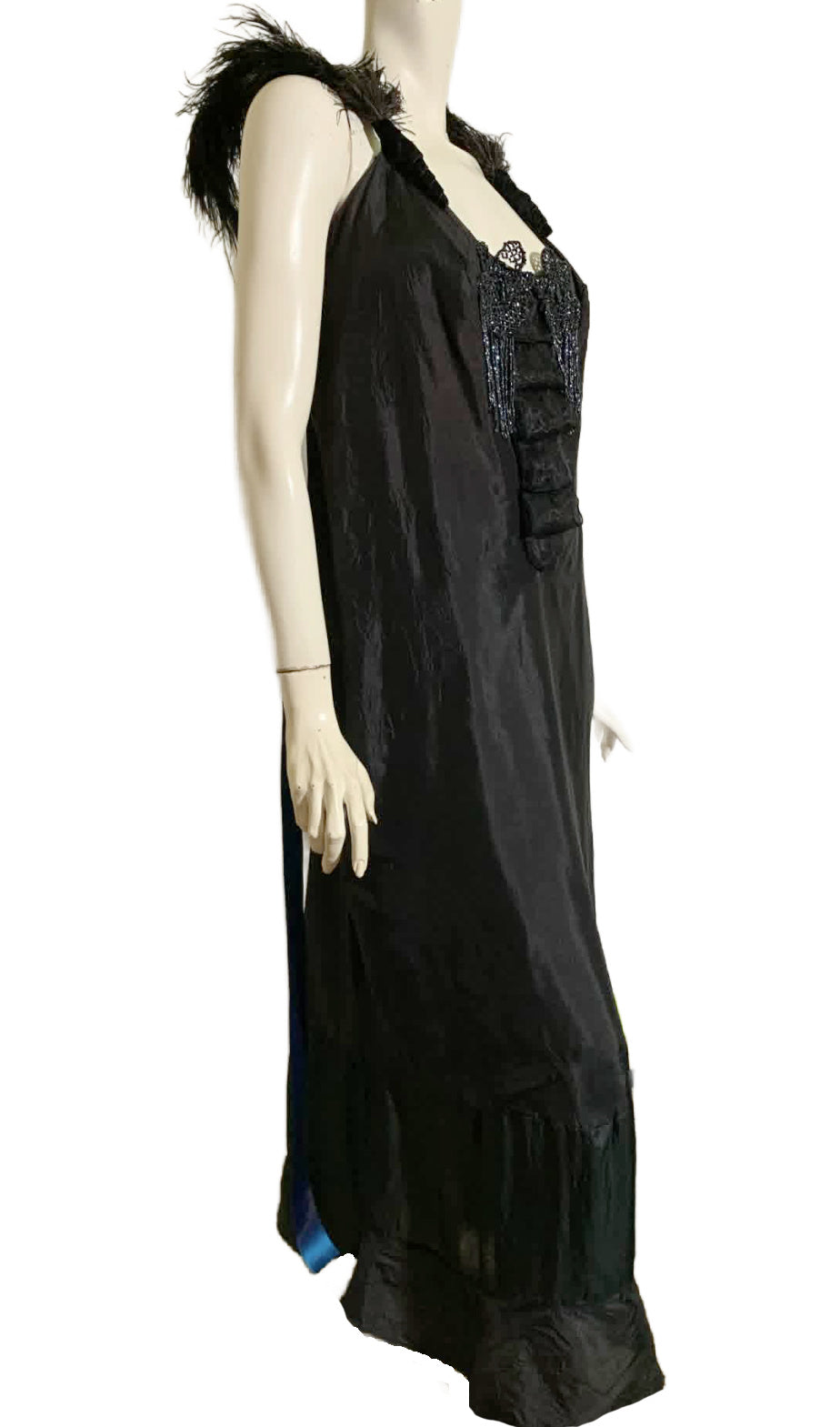 Lady Windermere Reimagined 1920s Black Silk Dress with Victorian Glass Beading Ostrich Feathers and Blue Ribbon L