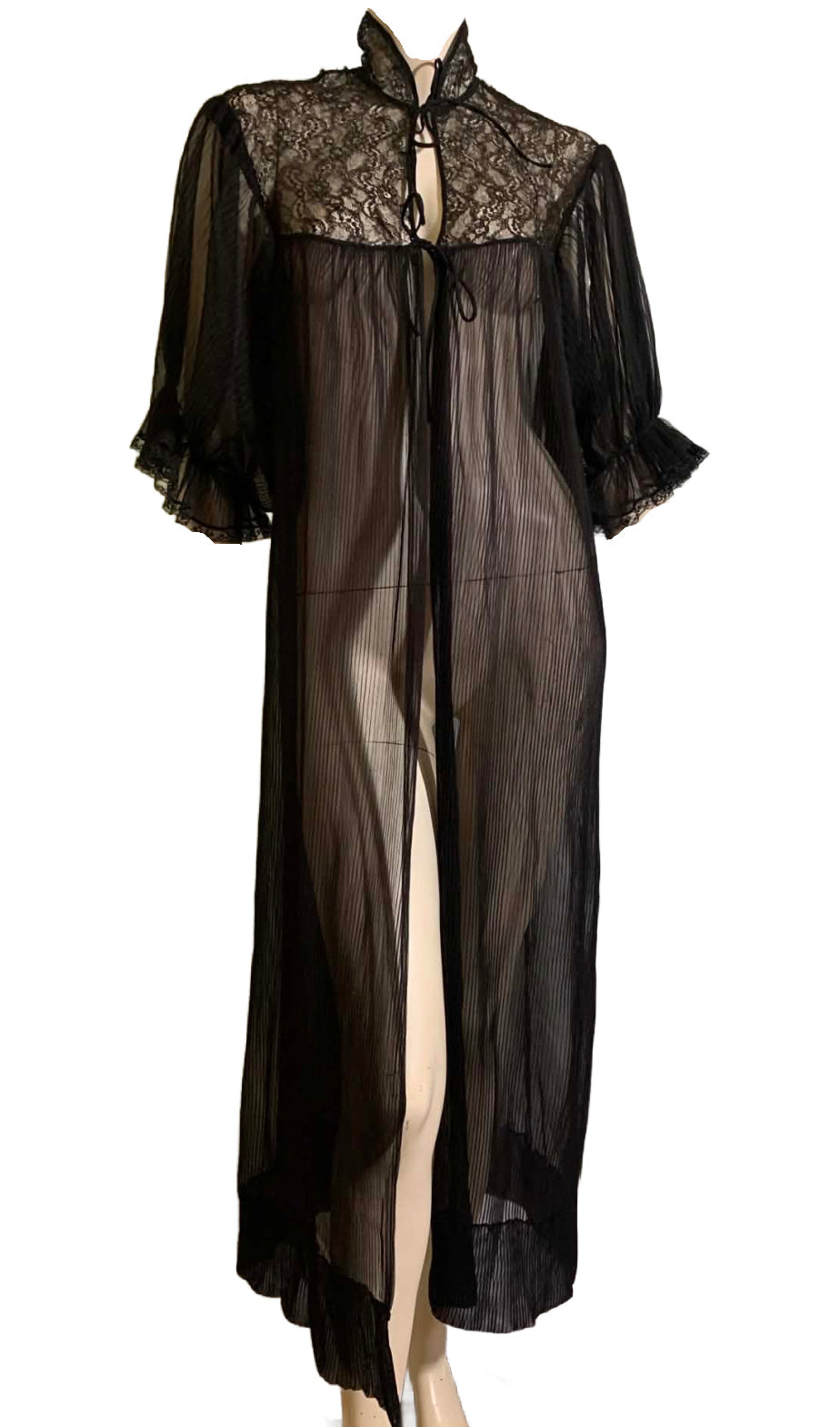 Sheer Black Pleated Chiffon Robe Lace Trim circa 1960s