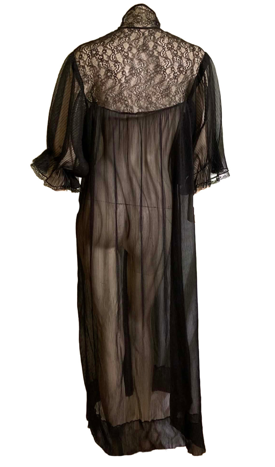Sheer Black Pleated Chiffon Robe Lace Trim circa 1960s