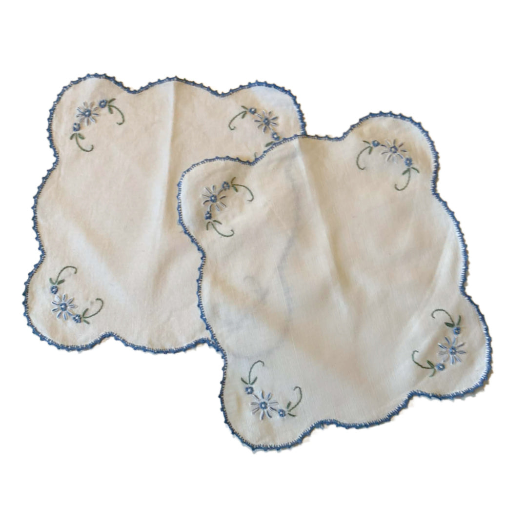 Set Two Blue Embroidered White Handkerchief Scalloped Edges circa 1940s