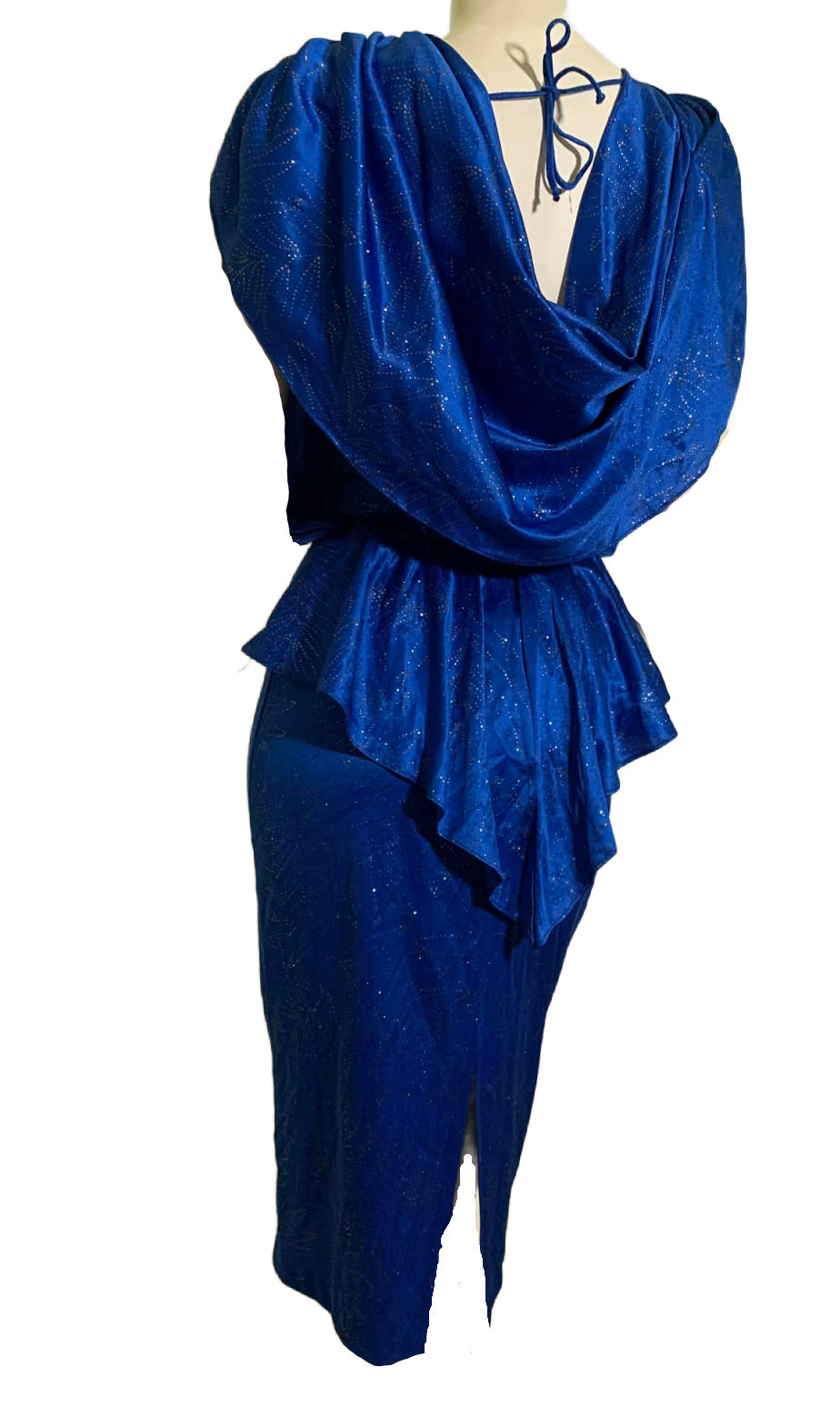 Glittery Royal Blue Draped Disco Dress Low Back circa 1980s