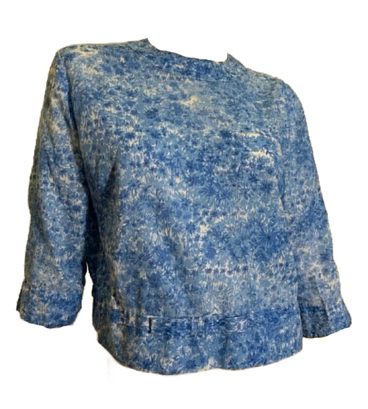 Blue and White Floral Print Semi Sheer Cotton Pop Over Button Back Blouse circa 1960s