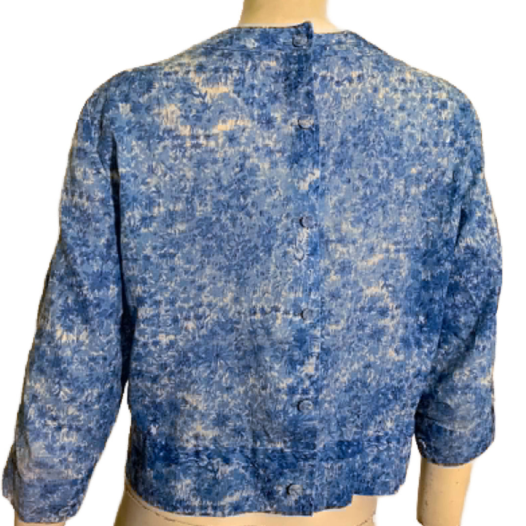 Blue and White Floral Print Semi Sheer Cotton Pop Over Button Back Blouse circa 1960s