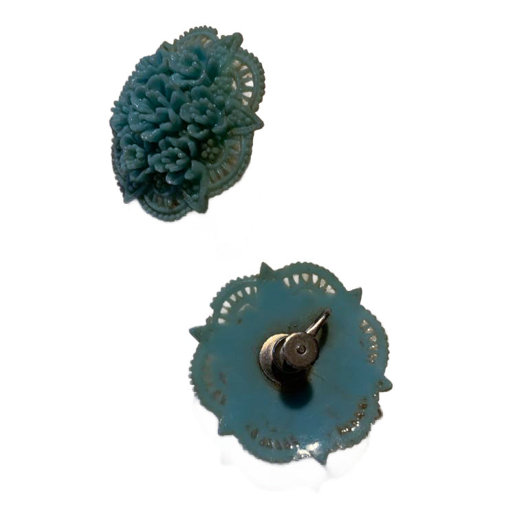 Robin's Egg Blue Celluloid Floral Disc Clip Earrings circa 1940s