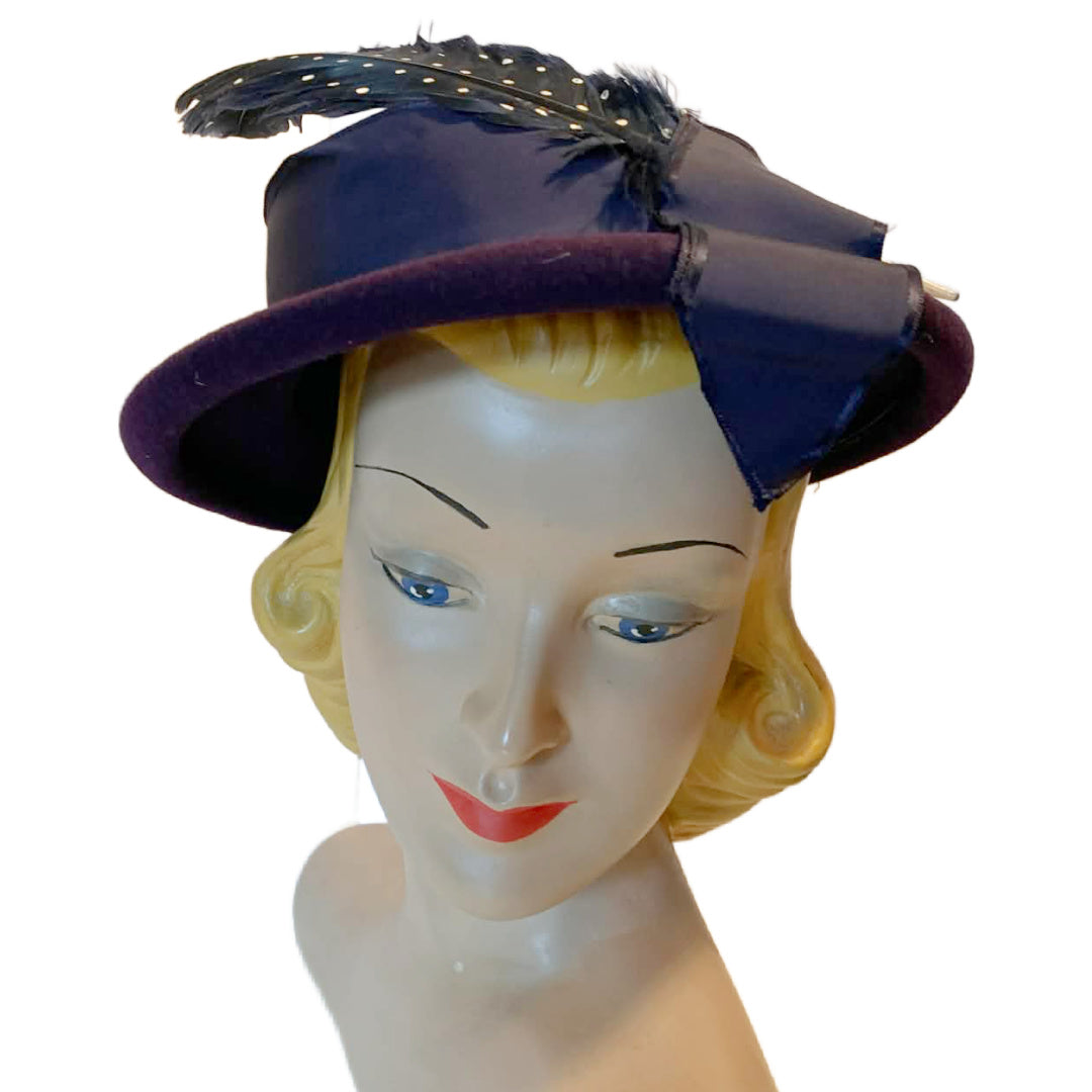 Deep Blue Felted Wool Mini Boater Hat with Polka Dot Feather circa 1940s