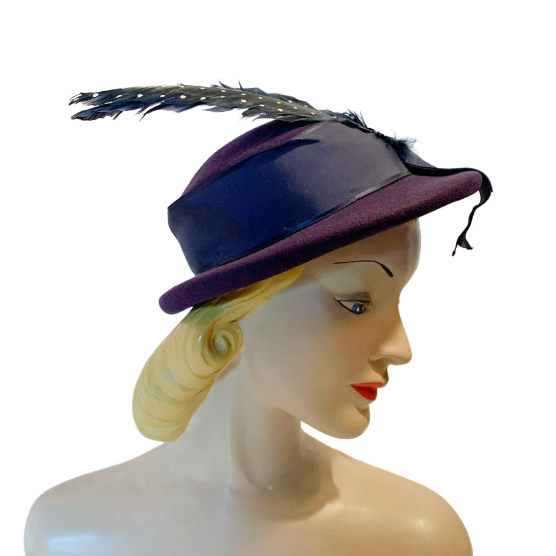Deep Blue Felted Wool Mini Boater Hat with Polka Dot Feather circa 1940s