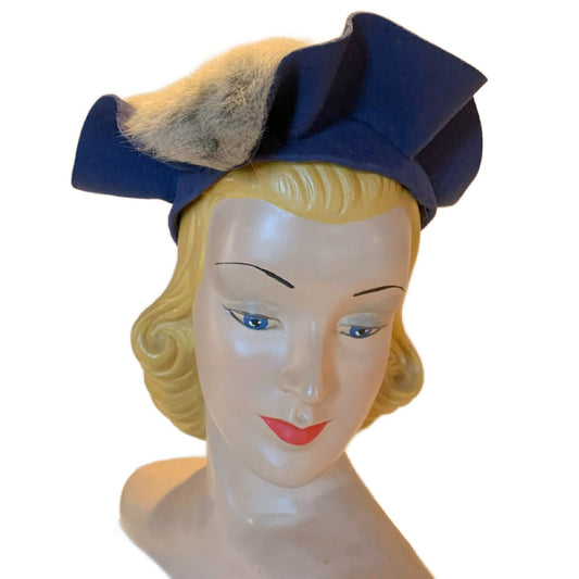 Marine Blue Felted Wool Hat with Fur Trim circa 1940s
