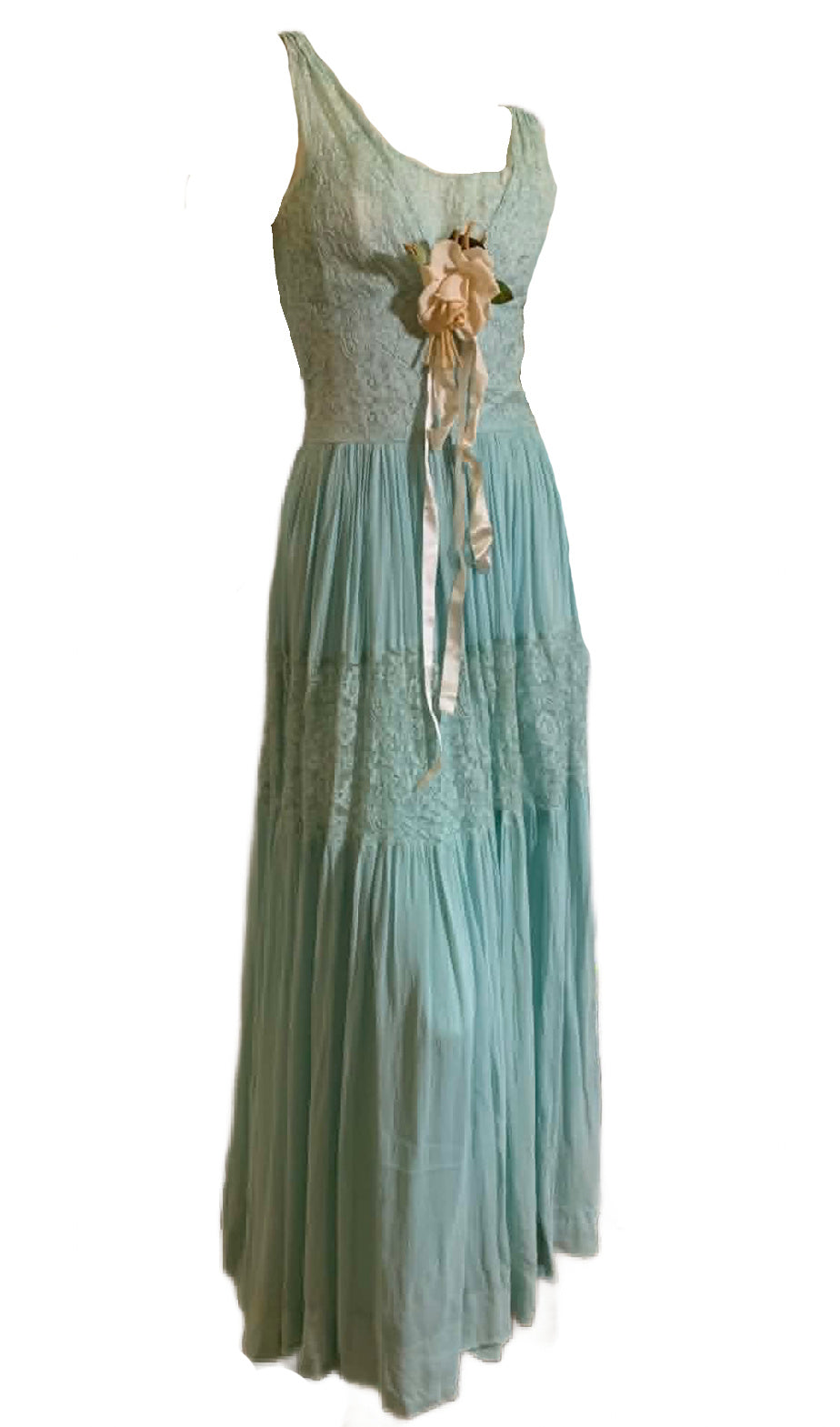 Sky Blue Lingerie Inspired Evening Gown with Roses circa 1940s
