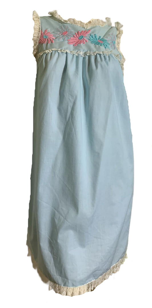 Baby Blue Cotton Nightgown with Embroidered Flowers circa 1960s