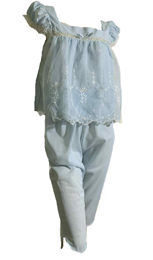 Baby Blue Nylon & Chiffon 2 Pc Pajama Set Capri Pants Blouson Top circa 1960s