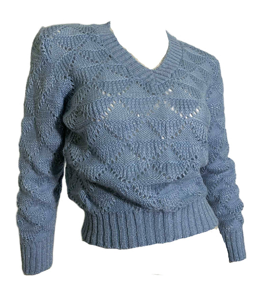 Sky Blue V Neck Sweater with Silver Metallic Threads circa 1970s