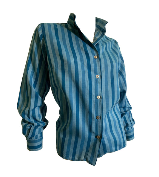 Shade of Blue Striped Cotton Blouse circa 1960s