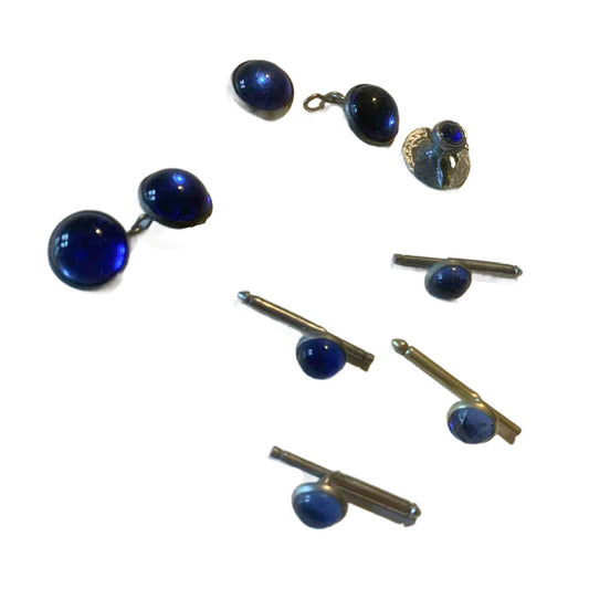 Blue Czech Glass Cufflinks & Shirt Studes circa 1930s
