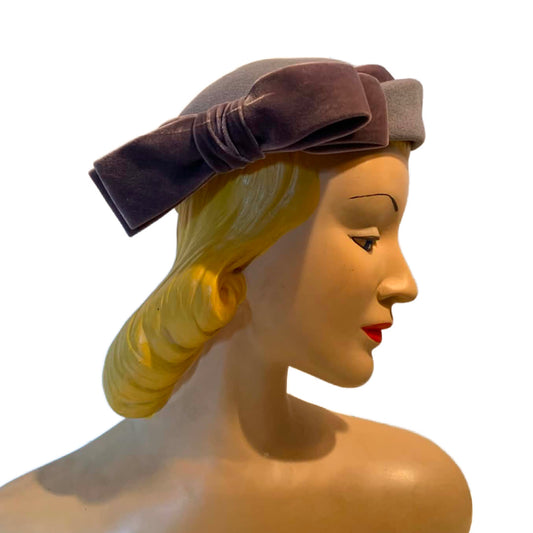 Fawn Felted Wool Pillbox Hat with Velvet Bow circa 1960s
