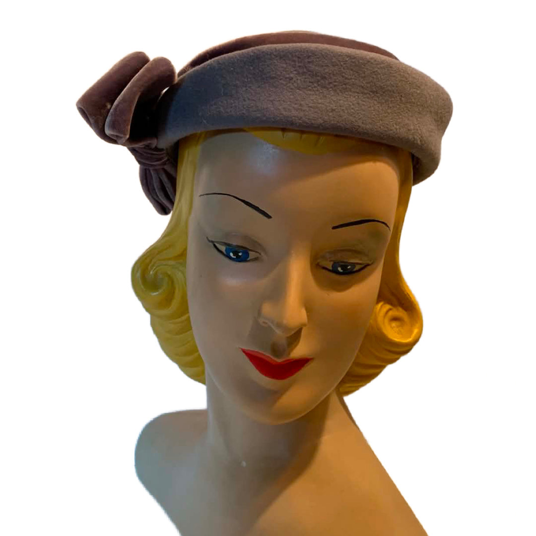 Fawn Felted Wool Pillbox Hat with Velvet Bow circa 1960s