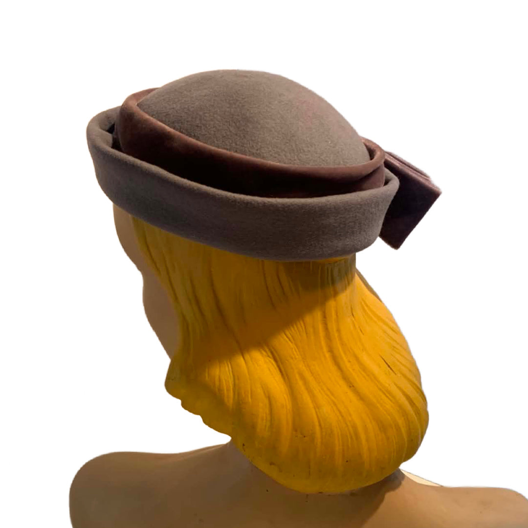 Fawn Felted Wool Pillbox Hat with Velvet Bow circa 1960s
