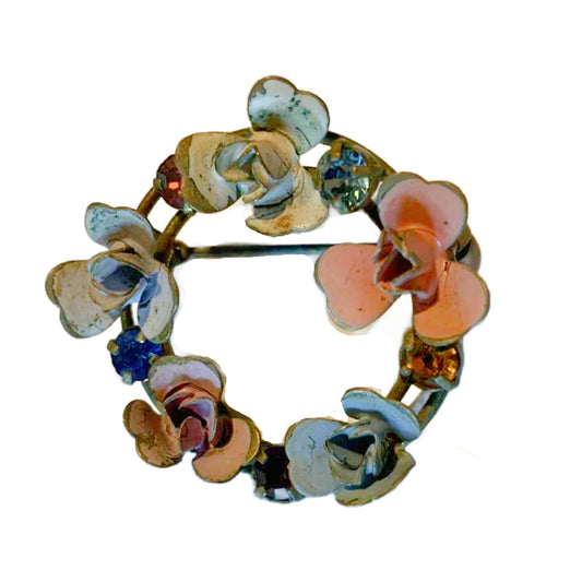 Charming Painted Metal and Rhinestone Flower Ring Brooch circa 1930s