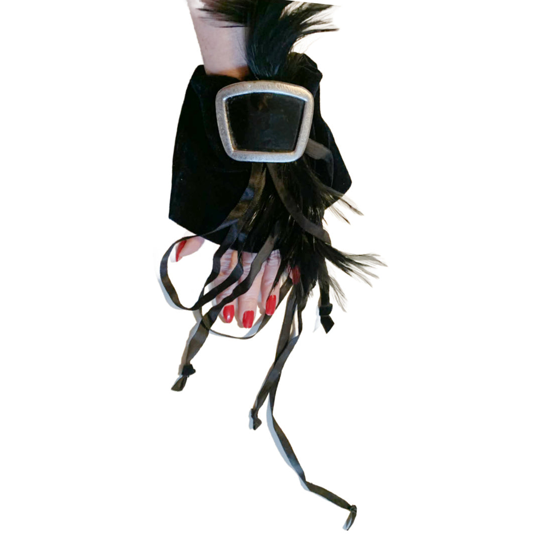 In Dulce Decorum Reimagined Gothic Edwardian Black Velvet Wrist Cuff with Feathers and Buckle